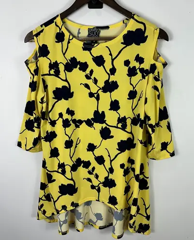 Clara Sun Woo Top M Yellow Navy Cold Shoulder Floral Bold Print Artsy Boho Size M