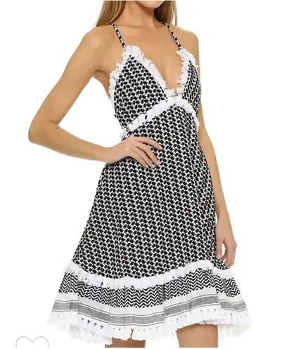 Dodo Bar Or Black White Frayed Criss Cross Strap A-line Mini Dress