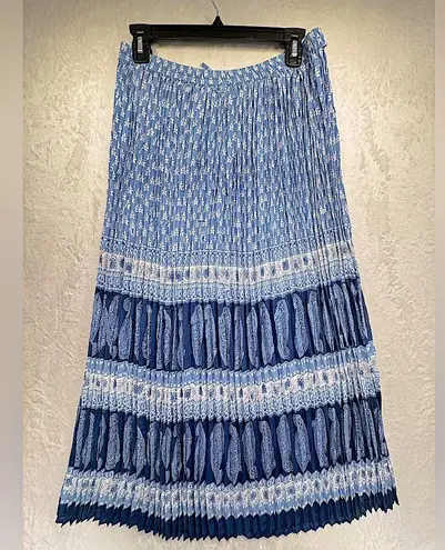 Vintage Y2K Blue Boho Paisley Floral Prairie Maxi Skirt Tiered Chiffon Plisse Size 12