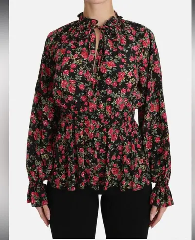 Dolce & Gabbana Authentic Rose Floral Silk AOP Blouse Shirt Top Ruffle Detail S