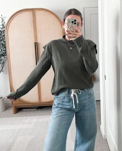 Free People We the Free Dark Olive Green Ruffle Long Sleeve Top