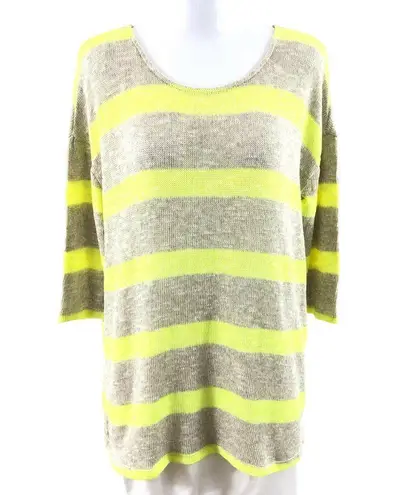 Three Dots Womens Sweater Pullover Oversized Striped 3/4 Sleeve Yellow Beige S