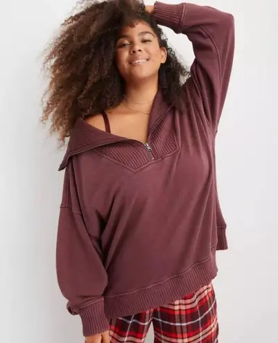 Aerie Burgundy Down To Earth Quarter Zip Oversized Pullover Size S NWOT!