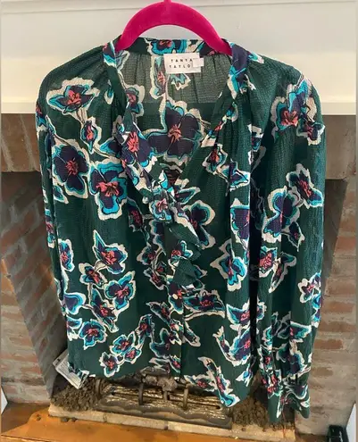  Tops Tanya Taylor Green Floral Silk Briella Blouse size 6