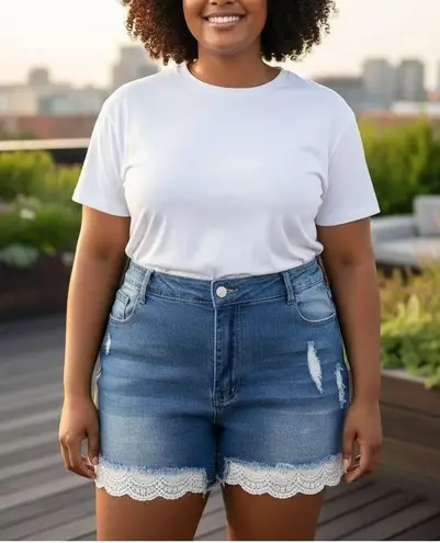 NWT ~ Women's Plus Size Stretch Denim & Lace Blue Jeans Shorts & Frayed Hem ~ 3X