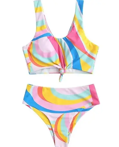 Zaful  Women's XXL Neon Colorful Abstract Print High Waist Swim Bikini Set NWT