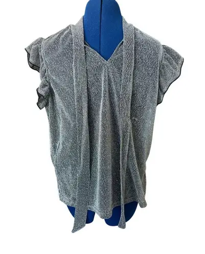 Silver Sheer Metallic Short Sleeve Blouse Size M/L Flounce Flutter 80s Disco Emo Size L