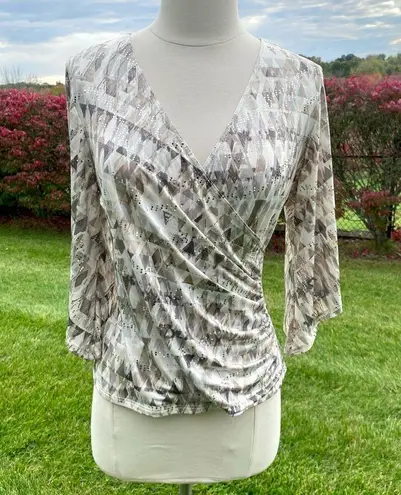 MSK V Neck Foil Knit Faux Wrap top size small Gray