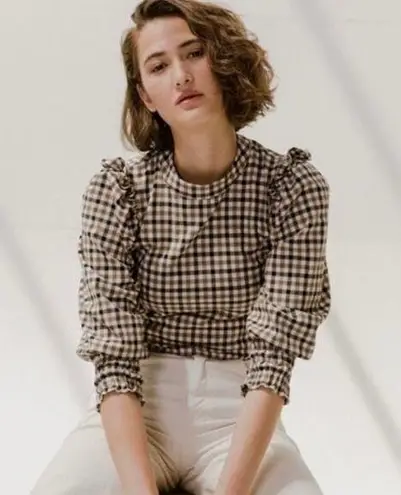 ZARA  Gingham Neutral Plaid Blouse Ruffled Puff Sleeve Preppy Top S