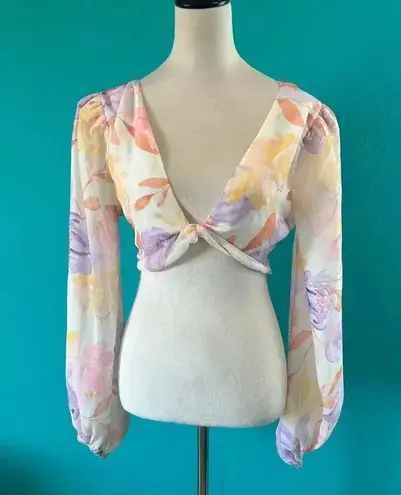 Majorelle Kyra Top Watercolor Pastels Floral Open Back V-Neck Cropped Size S