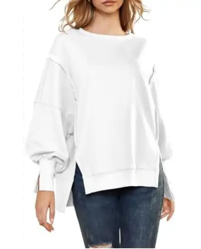 AUTOMET Womens Oversized Sweatshirts Casual Crew Neck Pullover Long Sleeve Slit White Size XL