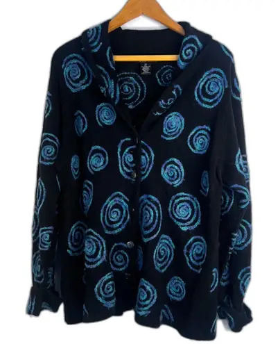 Sarah Spencer Lambswool Knit Swirl Artsy Cardigan Sweater Black Blue Size 2X