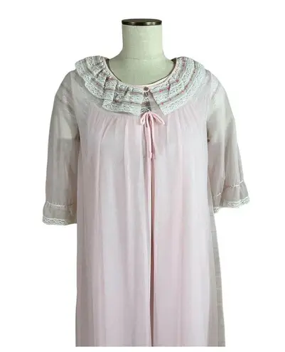 Vintage Lady Vanderbilt Pink Peignoir Set Gown & Robe Chiffon MEDIUM Lingerie