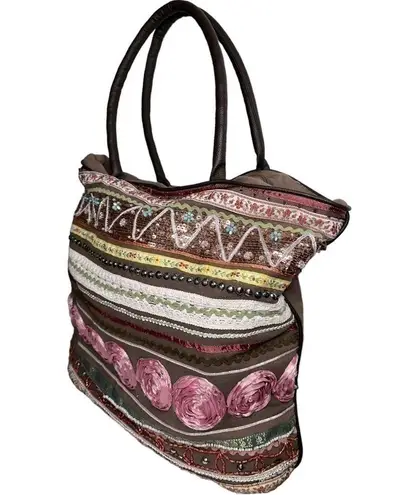 Antik Kraft  Brown Floral Embroidered Sequins Beaded Tapestry Oversized Tote Bag