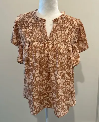 NWT Voy Neutral Floral Print Flutter Sleeve Top Sz L Tan Size L