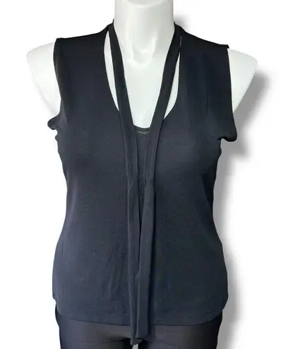 Apostrophe Vintage Womens Blouse Shirt Top Sleeveless Tie Collar Black Large