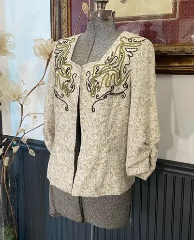 Coldwater Creek Beaded Scroll Embroidered Cream Open Ruched Jacket - Sz 10P 💚🎀