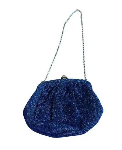 Vintage Blue Metallic Iridescent Evening Clutch Bag With Strap & Floral Clasp