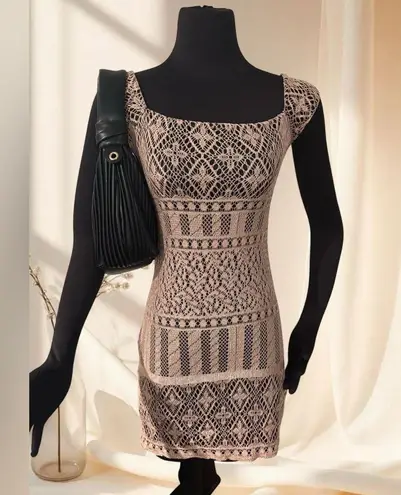 Vintage Y2K Monster Girl Crochet Beige Square Neckline Mini Dress size S Tan