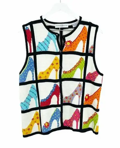 Vintage Y2K Colorful Beaded Heels Grandma Zip Up Sweater Vest SZ M Size M