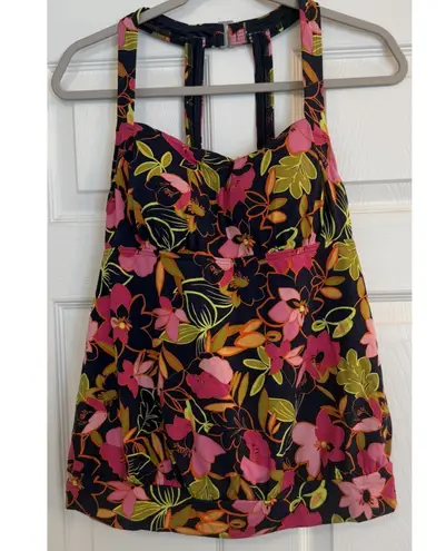 Land’s End Sz 10 Tankini Top Deep Sea Jungle Print Blouson Floral Halter Summer