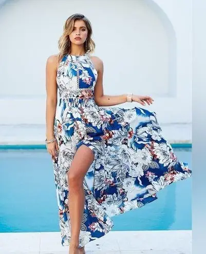 Jaase Endless Summer Magnolia Print Floral Maxi Dress Sz M Cut Out Back Crochet