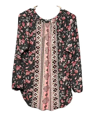 Mason & Belle “Caseey” Gauze Floral Mixed Print Split Collar Tassel Detail Top M