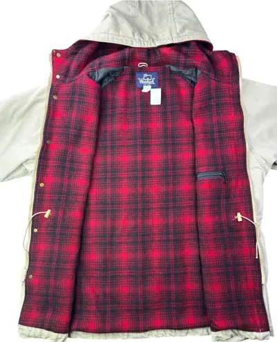 Woolrich Vintage Wool Blanket Lined Hooded Jacket Beige Plaid Lined Womens XL