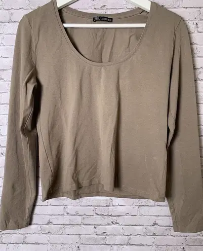 ZARA Womens Size L Beige Taupe Long Sleeve‎ Crew Neck Cropped Crop Top T Shirt