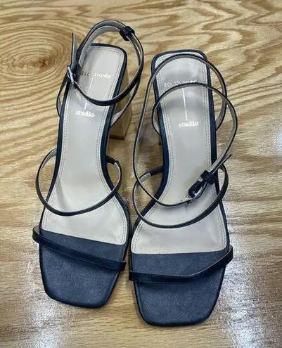 Black Suede Studio Slingback Women's 38.5 Black Ankle Strap Block Hipster S41 Size 8.5