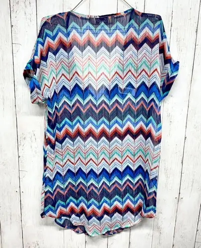 Emmlee Swim Cover Women Sz S/M Multicolored Short Sleeve Deep V Neck Sheer Swim