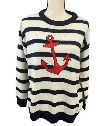 Brave Soul Women's Beige Navy Stripe Anchor Pirate Soft Crewneck Sweater Sz 16