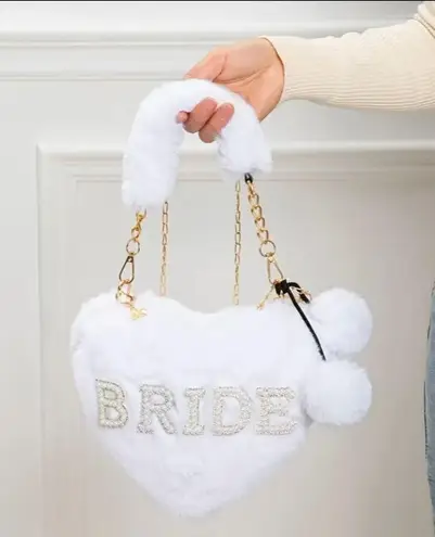 BRIDE White Heart Plush Faux Fur Bridal Handbag w/ Chain Strap & Coin Purse