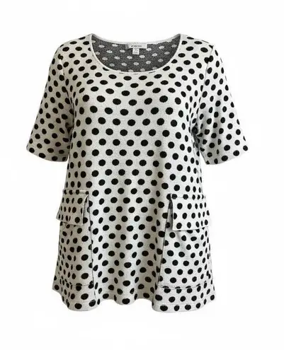 Polka Dot Tunic Top with Pockets, Short Sleeve, Casual Everyday Wear White Size L