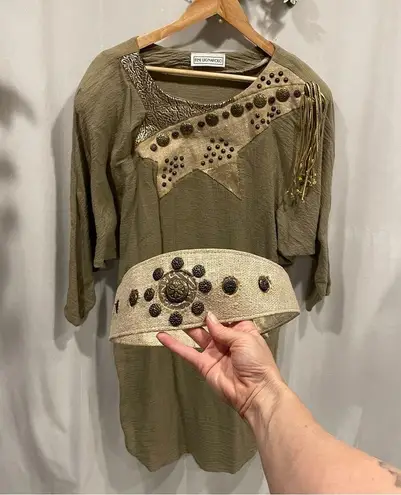 Funky Vintage 80’s oversized luxury boutique linen embellished dress chunky belt Tan Size M