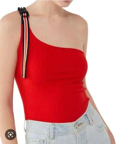 Urban Outfitters Red one shoulder top. Buckle striped sleeve never worn 