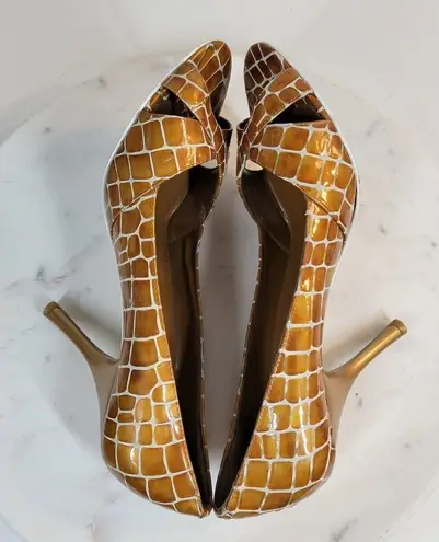 Enzo Angiolini  Womens Shoes 7.5 Orange Leather Giraffe Print Open Toe Pump Heels