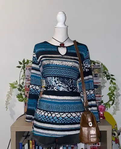 Femme Nina 2000s whimsical bohemian fairycore striped blouse / dress beaded neck Blue Size XXL