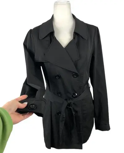 Vertigo Paris Classic Double Breasted Black Belted Trench Coat Size Medium