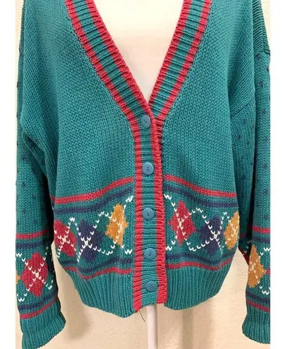 62 East Vintage 80s Teal Retro Knit Sweater Cardigan Multiple Size M