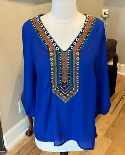West 36th Top Royal Blue Shirt Silky Embroidered Womens M Size M