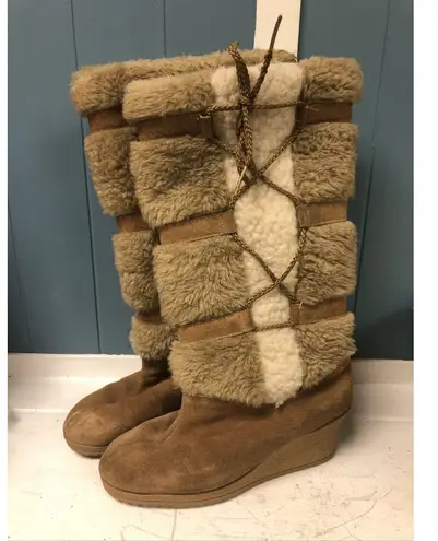 70's SNOWLAND Women's Beige Suede Leather TALL Boots Faux Fur Wedge Heel Sz 7