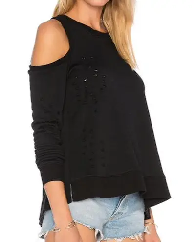 Central Park West New Distressed Cold Shoulder Zip Back Los Feliz Sweatshirt Black