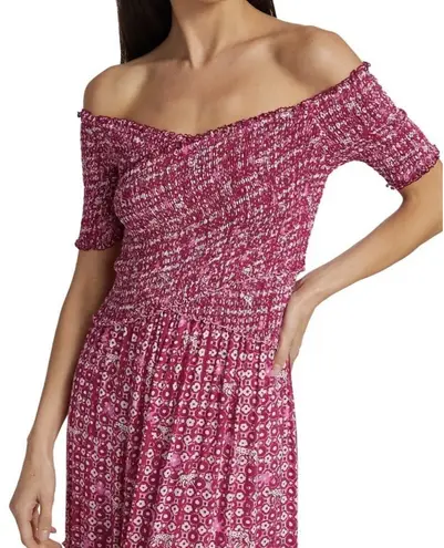 Poupette St. Barth Soledad Ruched Smocked Midi Dress in Pink Hyeres Large