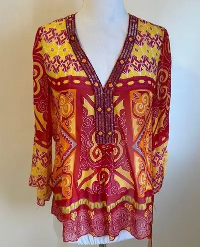 Hale Bob  Cabana Silk Beaded V Neck Blouse