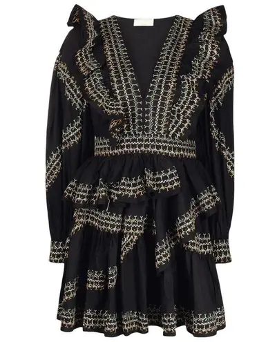 Ulla Johnson Anais Mini Dress Ruffle Embroidered V-Neck Black Noir Cotton 2 NWT