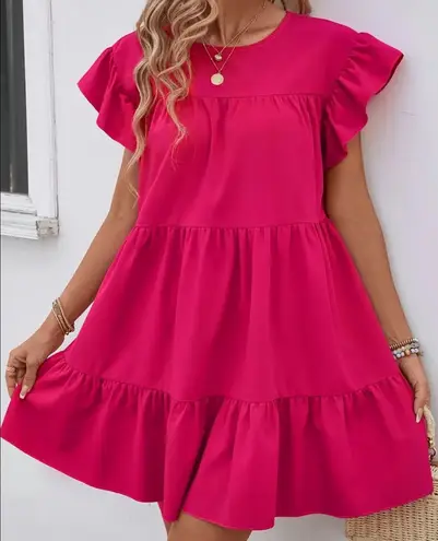 Solid Crew Neck Tiered Dress Pink