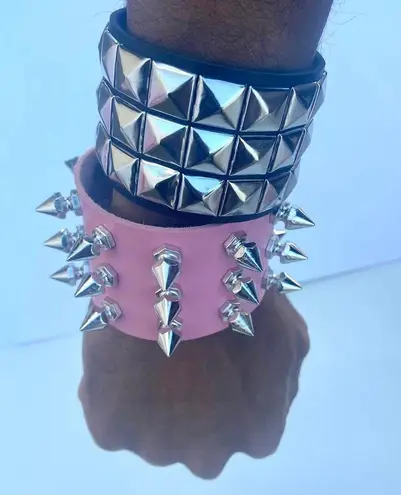 2 pcs Gothic PU leather Studded Spike bracelets , Pink and Black Punk Grunge wristbands , Multiple