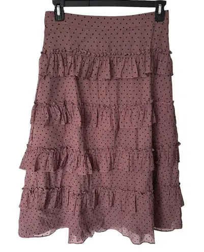 Rachel Parcell Tiered Ruffle Midi Skirt Size 10 Chiffon Flocked Tan Black Dots