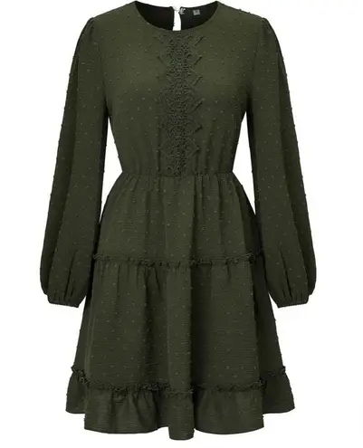 NEW Army Green Lace Detail Swiss Dot Ruffle A Line Puff Sleeve Dress